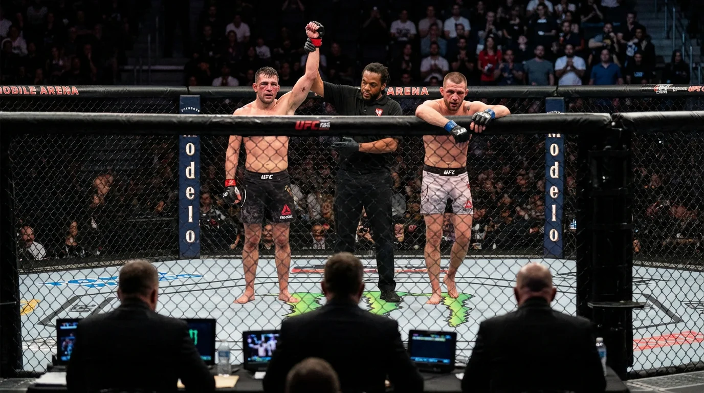 Juízes do UFC a pontuar uma luta que foi à decisão com estatísticas de decisões por categoria