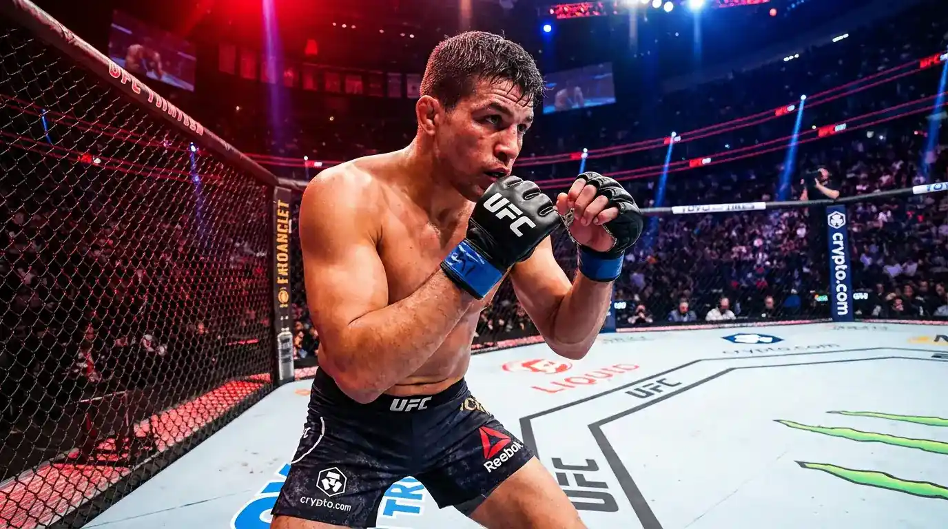 Lutador de MMA em posição de guarda no octógono com iluminação dramática