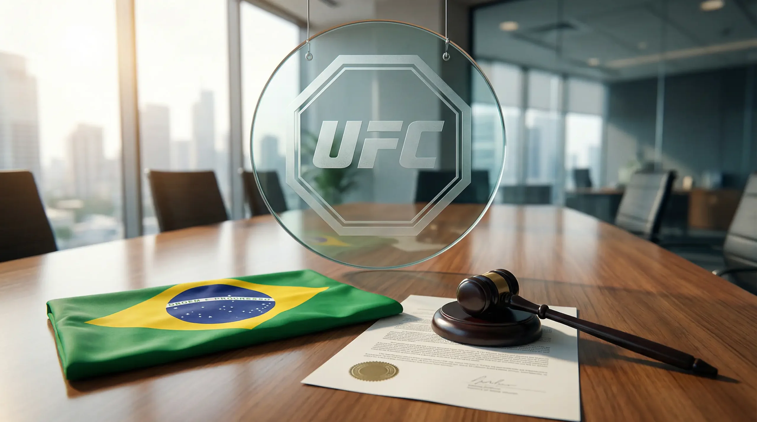 Mapa do Brasil com símbolos de regulamentação de apostas esportivas e UFC