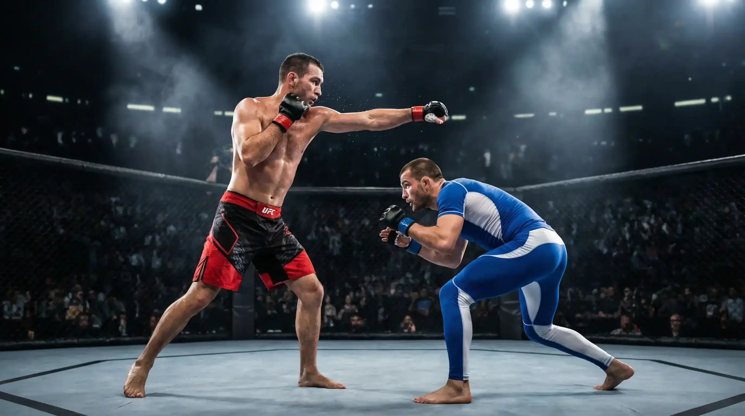 Confronto entre striker e grappler no octógono do UFC com análise de estilos de luta para apostas